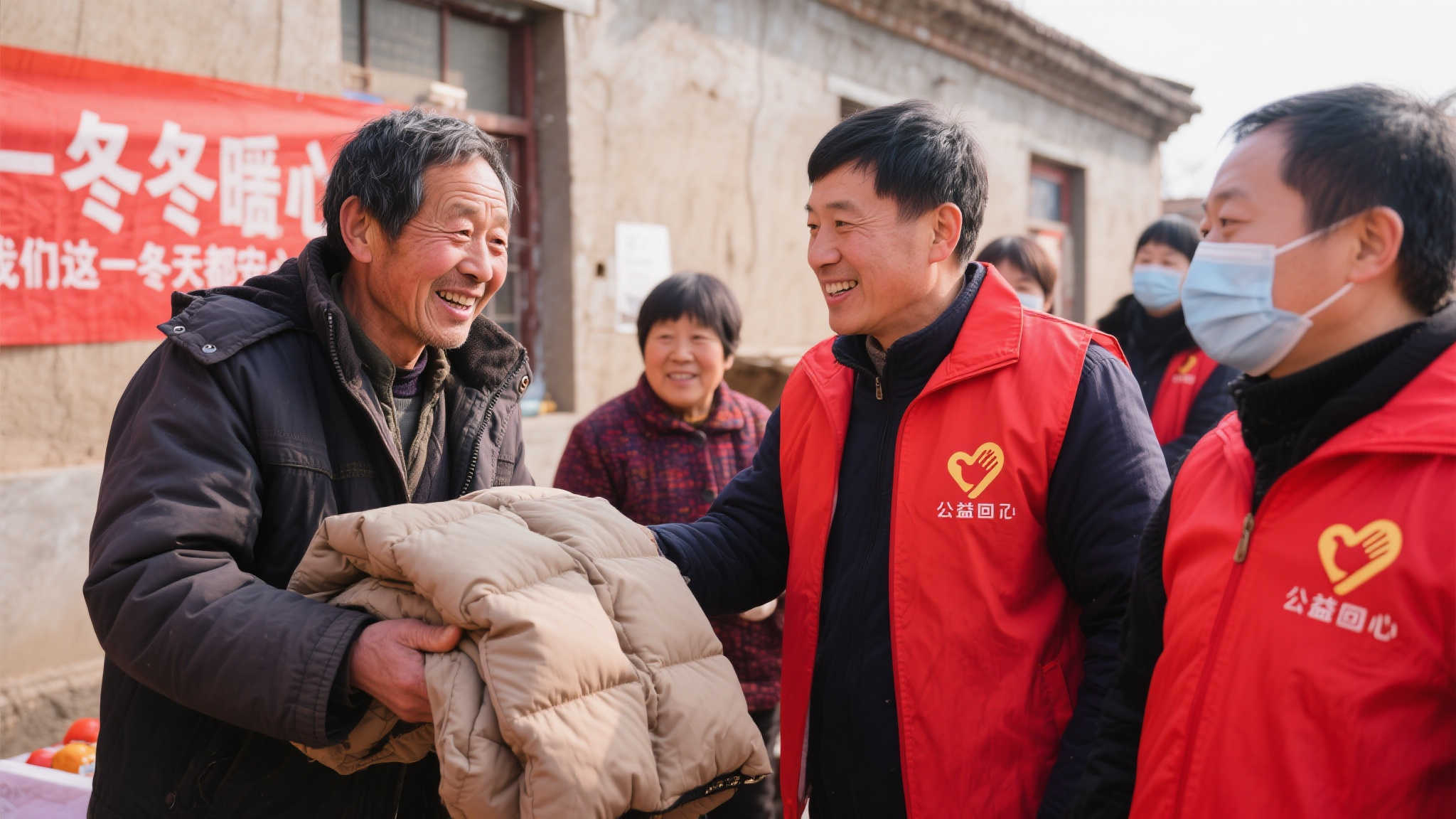 某位接受慰问的大叔感慨说道：“以前天冷的